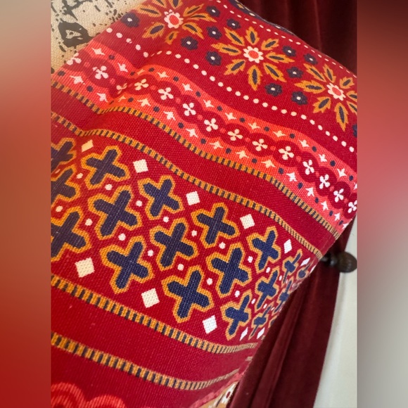 Vintage 70s Sears Fringe Vest Folk Striped Hippie Boho Floral Bright Red Orange - Picture 2 of 6